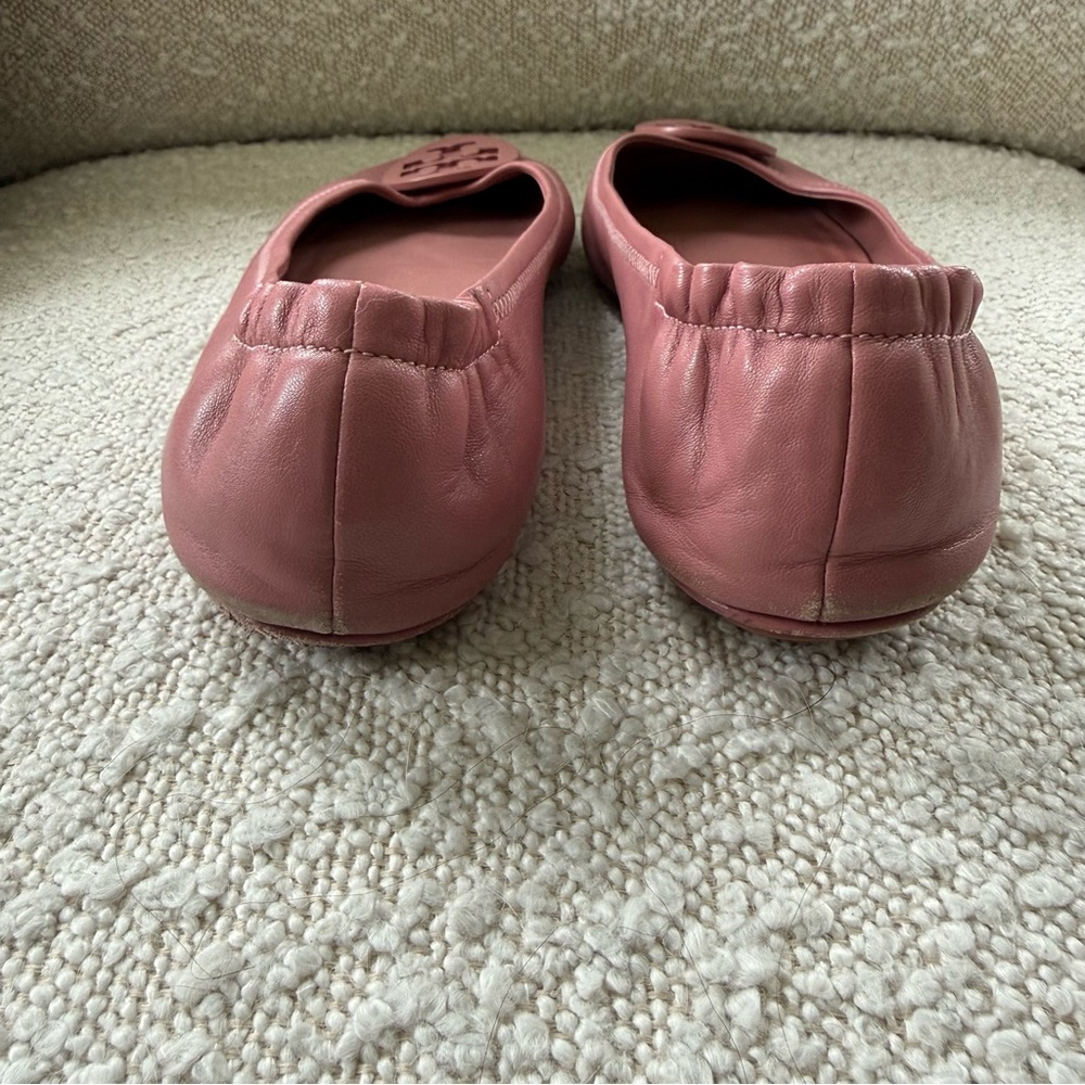 Tory Burch Reva Ballet Flats Peony Pink Logo Medallion Scrunch Back - Picture 7 of 9